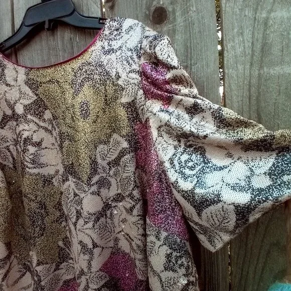 Anthropologie Top Womens Sz 18W Pink Marie Sequin Puff Sleeve Blouse New Floral - Picture 7 of 16